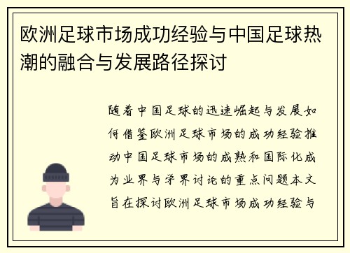 欧洲足球市场成功经验与中国足球热潮的融合与发展路径探讨