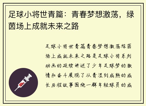 足球小将世青篇：青春梦想激荡，绿茵场上成就未来之路